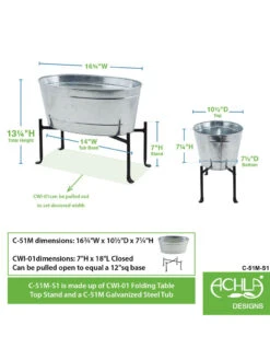 Achla Designs Mini Oval Galvanized Tub With Folding Stand -Default Template 3 8612906 04v